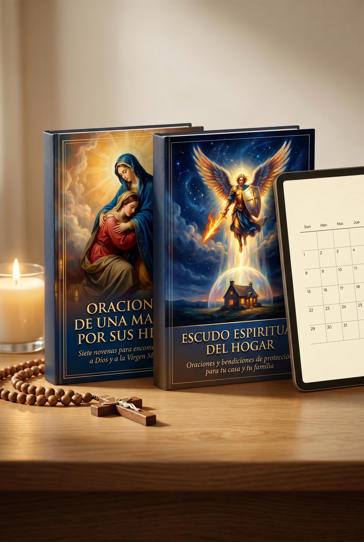 Portada de La Biblioteca de Oración Completa, con los dos libros y el Calendario de Oración