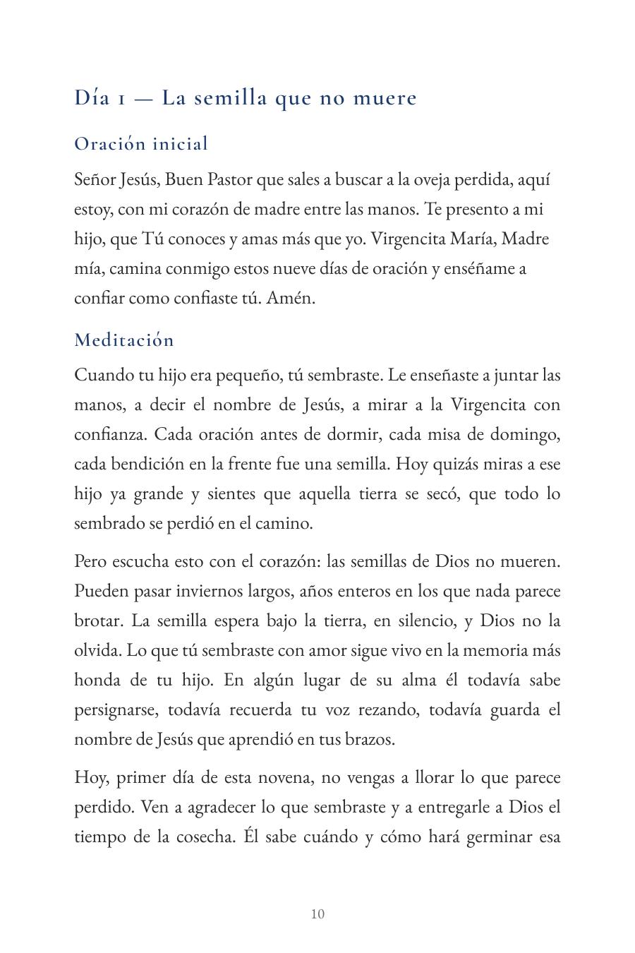 Página interior: primer día de la novena por el hijo alejado de la fe